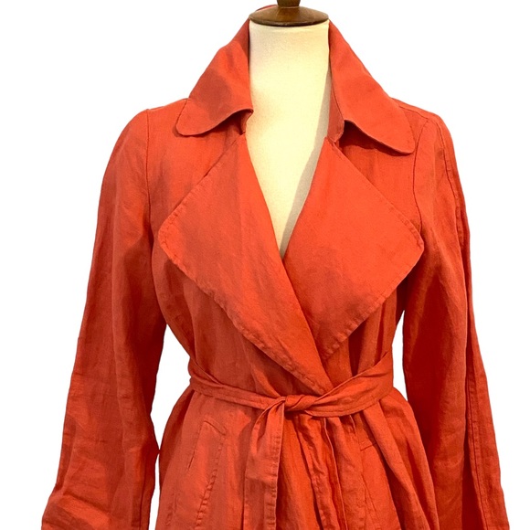Cynthia Rowley 100% Linen Trench Coat Coral Lightweight Belted Open Frnt Sz S - Picture 2 of 8